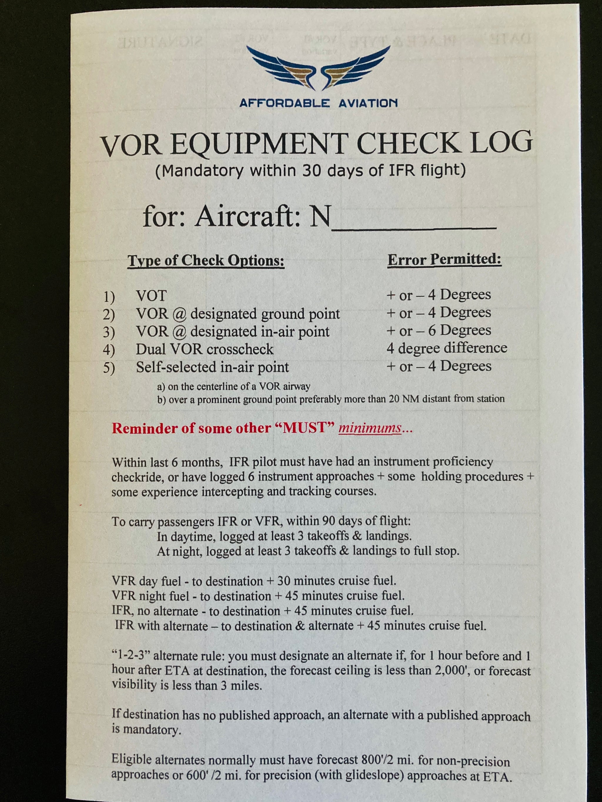 FREE - VOR EQUIPMENT CHECK LOG – Affordable Aviation